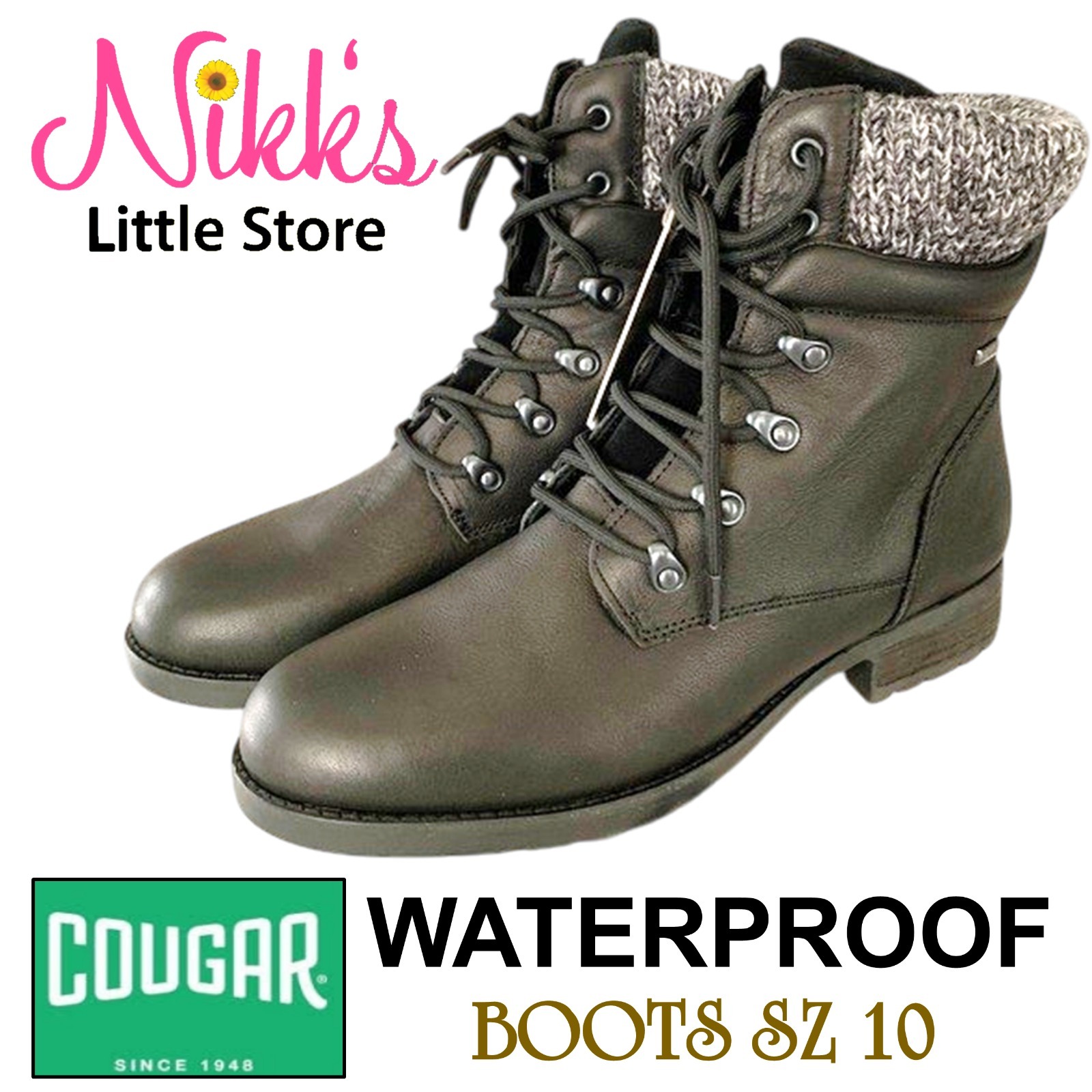 Cougar Lace Up Derry Black Waterproof Boots, Nib
